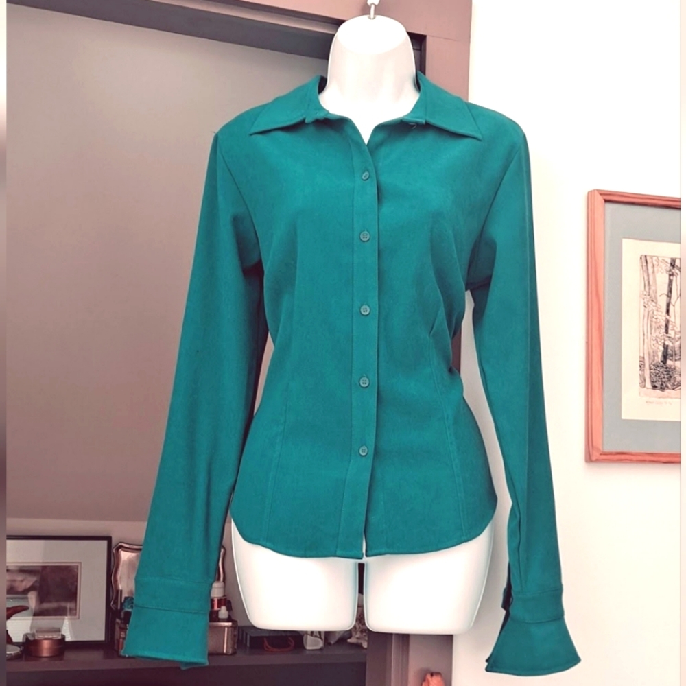 NWOT BERNARD Bernard Holtzman Teal Suede Button Down Shirt Jacket Bell Sleeves M